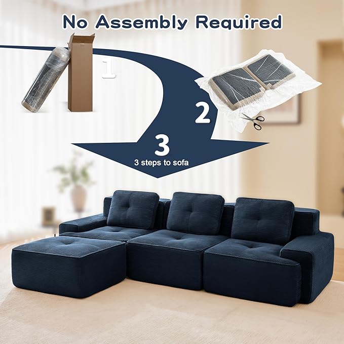 Casaphoria 115'' Boneless Sofa with Ottoman, 3-Seater Modular Couch with 3 Pillows for Living Room, L Shape Cloud Sectional Sofa, No Assembly, Blue