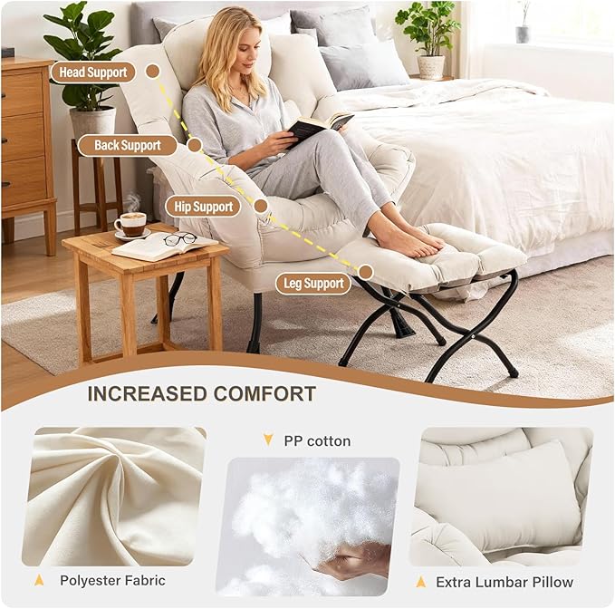 Lazy Chair with Ottoman, Modern Accent Chair with Lumbar Pillow, Beige Sofa, Armchairs with Folding Footrest, Oversized Supportive Chairs for Bedroom, Reading