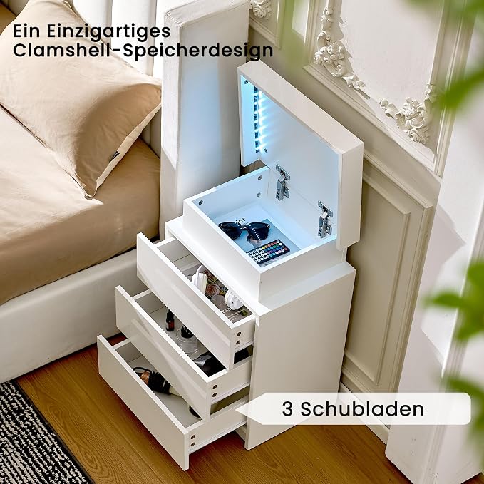 CLIPOP Modern Nightstand, LED Night Stand with 3 High Gloss Chest of Drawers, Bedside Table Cabinet with Remote Control Lights, Wood Matte Nightstand 21.6" Tall Bedroom Furniture, White - Image 4