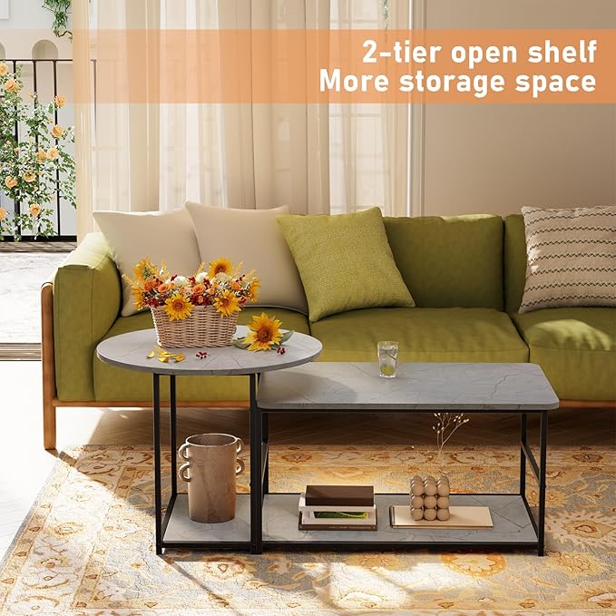 WOHOMO Coffee Table, Modern Style Coffee Tables for Living Room Marble Center Table with Storage 2 in 1 Detachable Nesting Table Set, Grey Marble