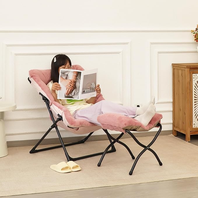 Comfy Saucer Chair for Adults, Soft Faux Fur Bedroom Chair with Ottoman, Accent Dorm Chairs, Living Room Reading Chairs and Footstool, Folding Seat for Teens, X-Large, Dusky Pink