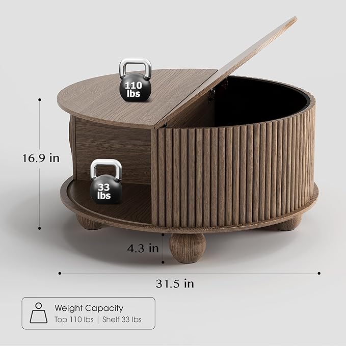 SULIVES Round Coffee Table with Storage, Unique Circle Drum Table with Sliding Door,Fluted Accent Center Table with Bun Feet for Living Room, Walnut