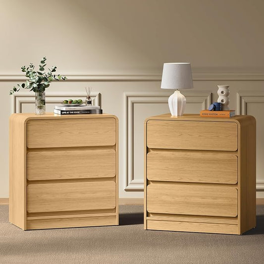 RoyalCraft Oak 3 Drawer Nightstand Set of 2, Wood End Table with Curved Design, Modern Night Stand with Storage, Small Dresser for Bedroom, Home Office, Entryway by Bringyoubetterlife