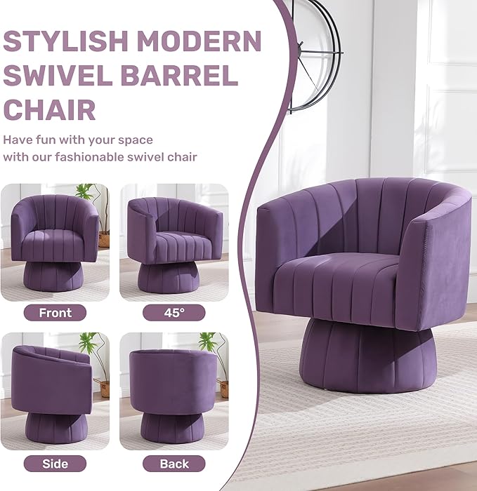 Swivel Accent Barrel Chair Set of 2, Cute Comfy Small Round 360° Arm Chair, Velvet Sofa Club Reading Chair for Living Room Bedroom Office Purple