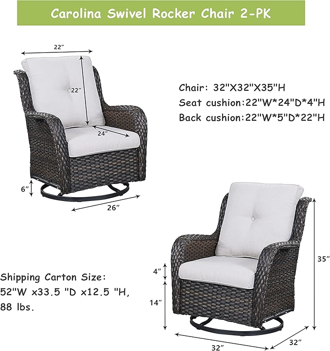 Rilyson Wicker Rocking Chair Swivel Chairs - 2 Piece Rocker Patio Chairs Set Rattan Rocking Chair for Outdoor Porch Deck Garden Backyard (Brown/Beige)