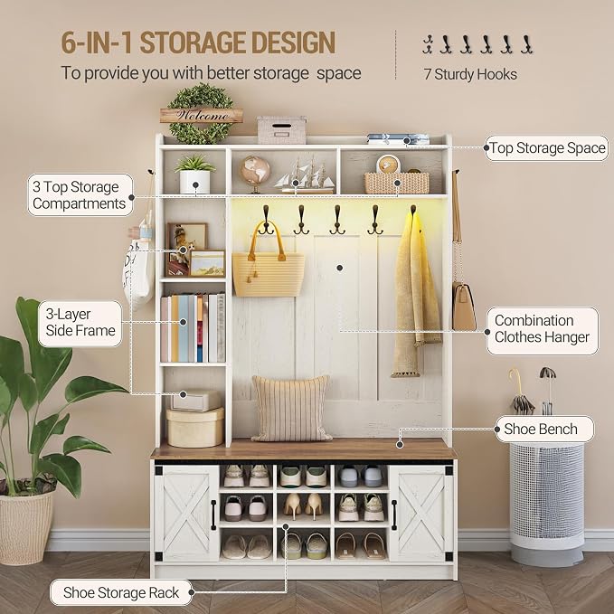 Hzuaneri 47.2" Hall Tree, LED Farmhouse Entryway Storage and Coat Rack Wood, Entryway Furniture with 7 Hooks, Hall Tree with Bench and Storage, 6 Storages Partitions Shoe Bench, Rustic White HT24514X - Image 5