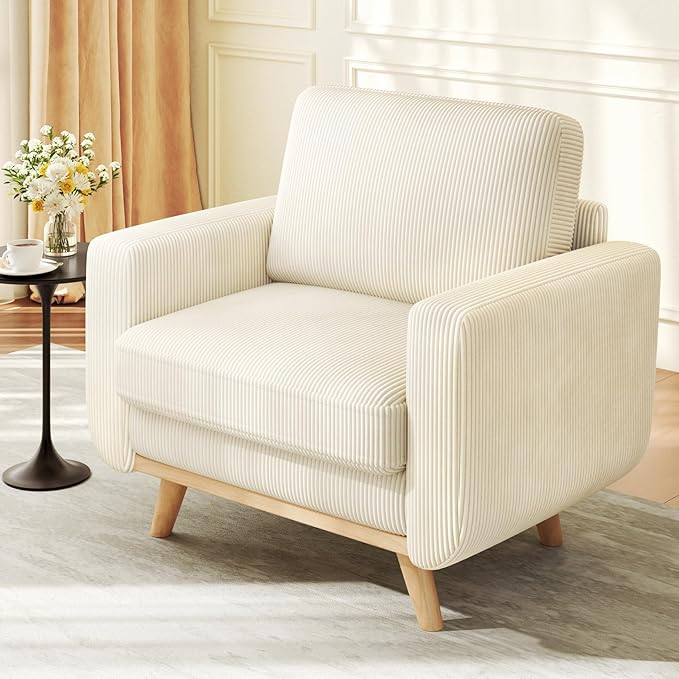38.5" Beige Corduroy Accent Chair, Comfy Deep Seat Armchair with Spring Cushion, Modern Reading Sofa for Living Room Bedroom