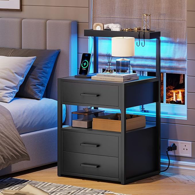 AOGLLATI Nightstand Set of 2 with Charging Station and LED Lights, Bedside Table with 3 Drawers and Open Storage Shelves, 2 USB Ports and 2 AC Outlets, LED Night Stand for Bedroom, 2 Pack, Black - Image 9