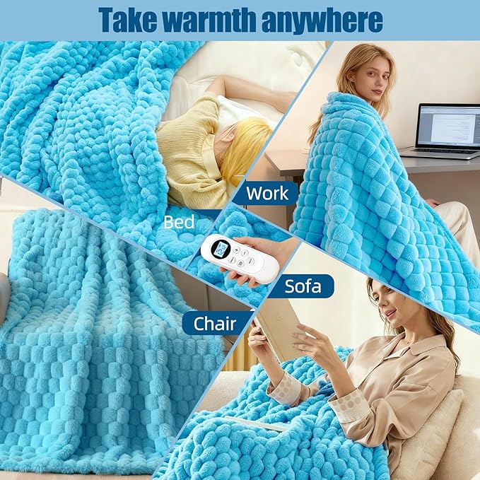 Eastsora Heated Blanket Flannel Throw Blanket, 50"X 60" Electric Heating Blanket with ETL & FCC & 12 Heating Levels & Auto Shut Off，Machine Washable (Blue, Single - 50" x 60")