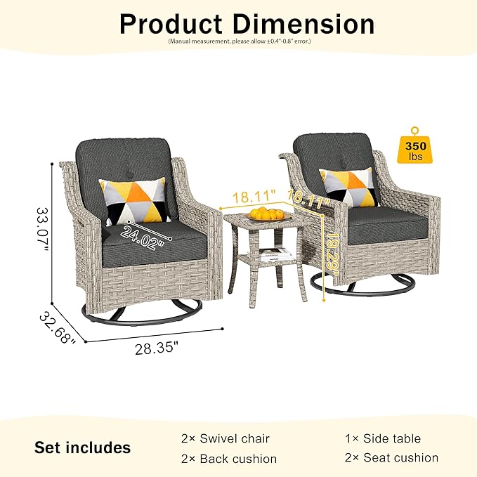 HOOOWOOO 3 Piece Patio Furniture Bistro Sets,Outdoor Wicker Swivel Rocking Chairs with Table Set,All Weather Resistant High Back Rattan Conversation Set(Black)