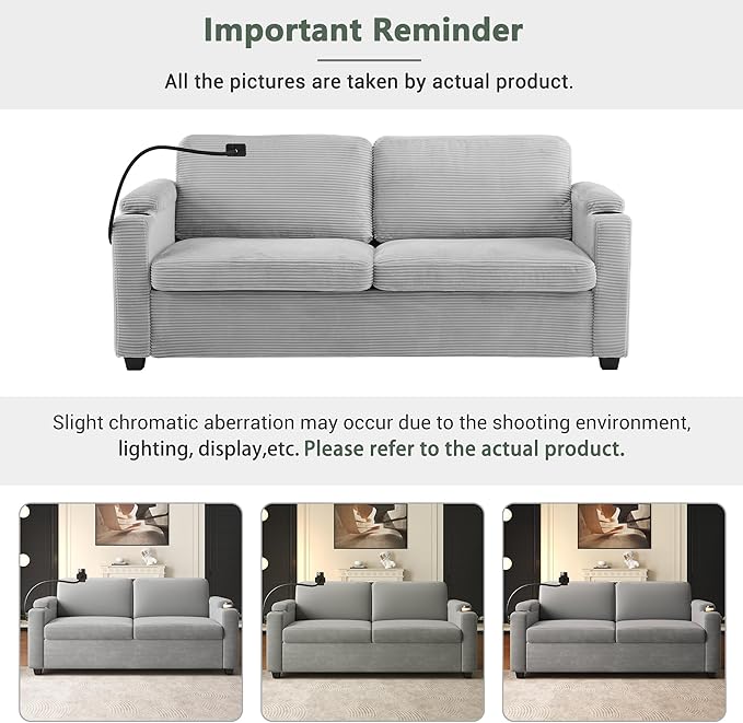 Merax 72.8" Corduroy Sleeper Sofa Bed with Full Size Mattress, Futon Couches with USB Ports | Phone & Cup Holders| Side Pockets,Pull Out Couch for Living Room, Small Loveseat, Grey