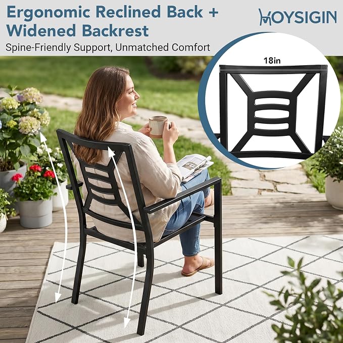 Patio Dining Chairs Set of 4, Stackable Metal Patio Chairs with High Back for Deck Bistro Porch Lawn, Black Wrought Iron Outdoor Dining Chairs - Image 4