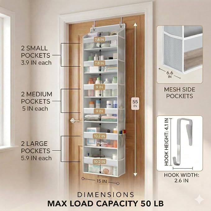 HOMELUX THEORY UPGRADED 6 Tiers Over The Door Organizer Hanging - 100D EXTRA THICK & 50lbs HUGE CAPACITY, 12 Side Mesh Pockets Over The Door Shoe Organizer, Hanging Closet Organizer (Light Gray, 2pc) - Image 2