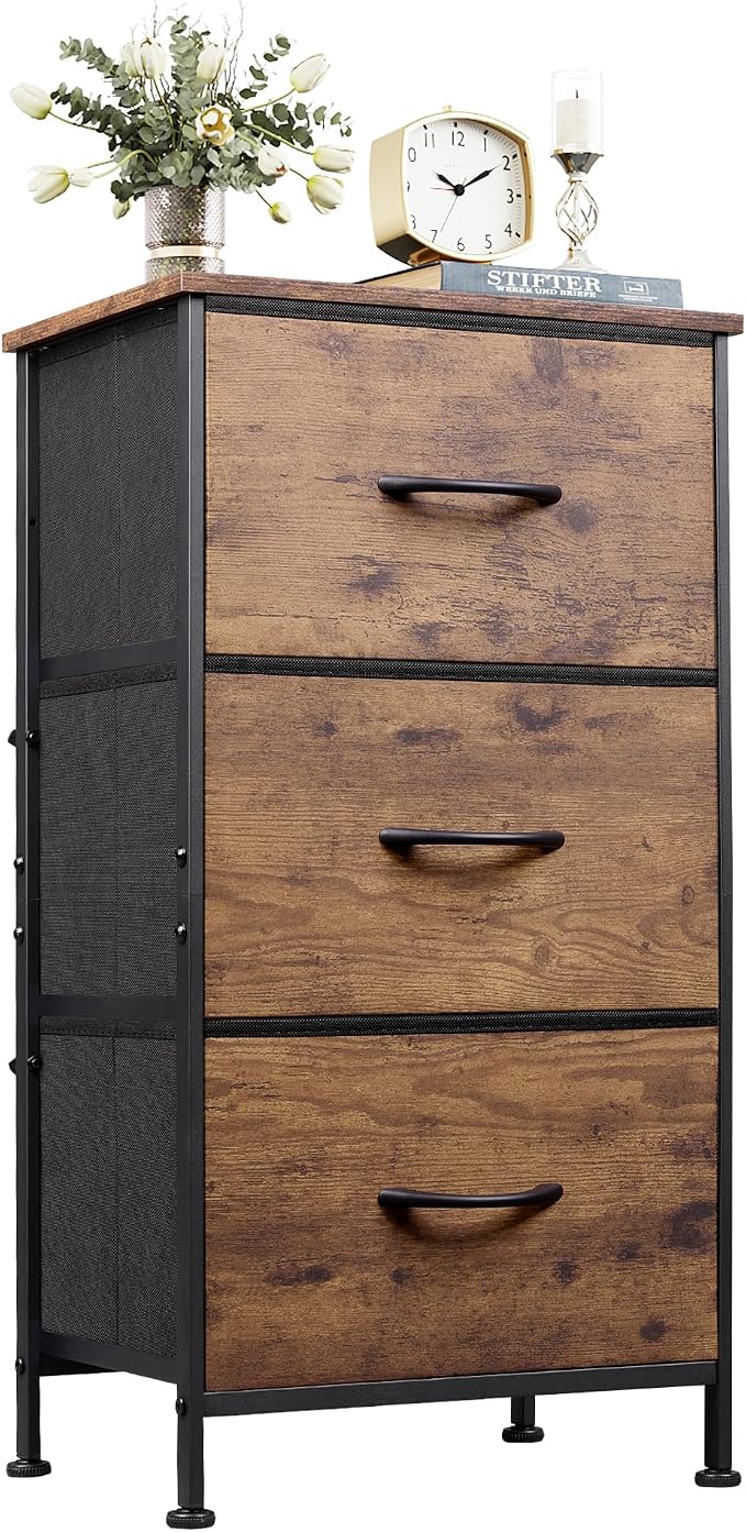 WLIVE Dresser with 3 Drawers, Fabric Nightstand, Organizer Storage Dresser for Bedroom, Hallway, Entryway, Closets, Sturdy Steel Frame, Wood Top, Easy Pull Handle, Rustic Brown Wood Grain Print by WLIVE