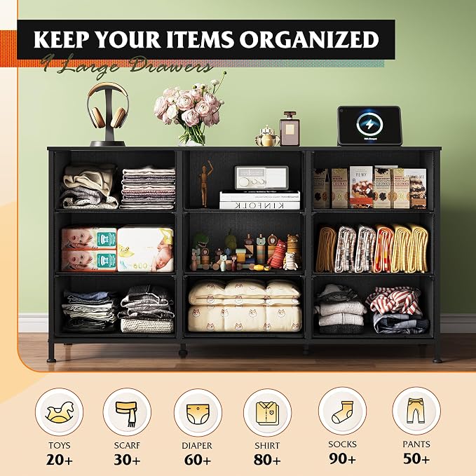 WLIVE 47''W Dresser for Bedroom, Black Dresser TV Stand for 45, 50, 55 inch TV, Wide Chest of Drawers with 9 Drawer, Large Entertainment Center, Fabric Dressers with Wood Top for Closet, Living Room - Image 7
