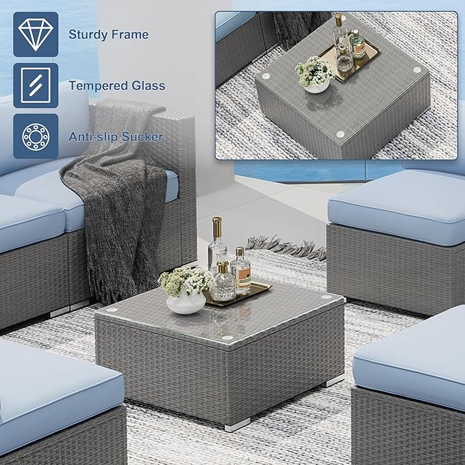 SUNCROWN Outdoor Patio Furniture Set 7 Piece Outdoor Sectional Sofa Grey Wicker Conversation Sofa Set with Coffee Table, Cushions and A Waterproof Cover, Backyard, Garden, Poolside, (Light Blue)
