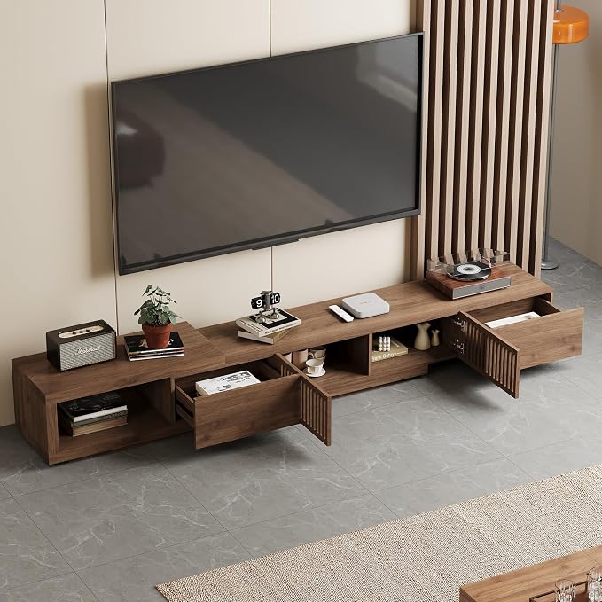Mid-Century Style TV Stand 94.48", Entertainment Center for TVs up to 70"-90" with 4 Storage Cabinets, Walnut Media Console for Living Room or Bedroom (78.54"-103") - Image 3