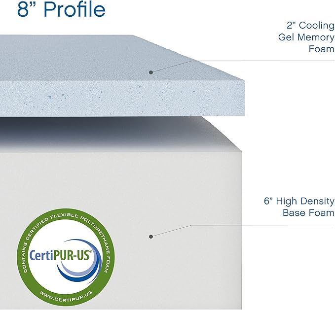 COOL GEL 8 Inch Short Queen Memory Foam Mattress Medium Firm, Memory Foam Mattress Short Queen Size Cooling, Made in the USA, 8" Depth with Pressure Relief, CertiPUR-US Certified, CoolGel Bed