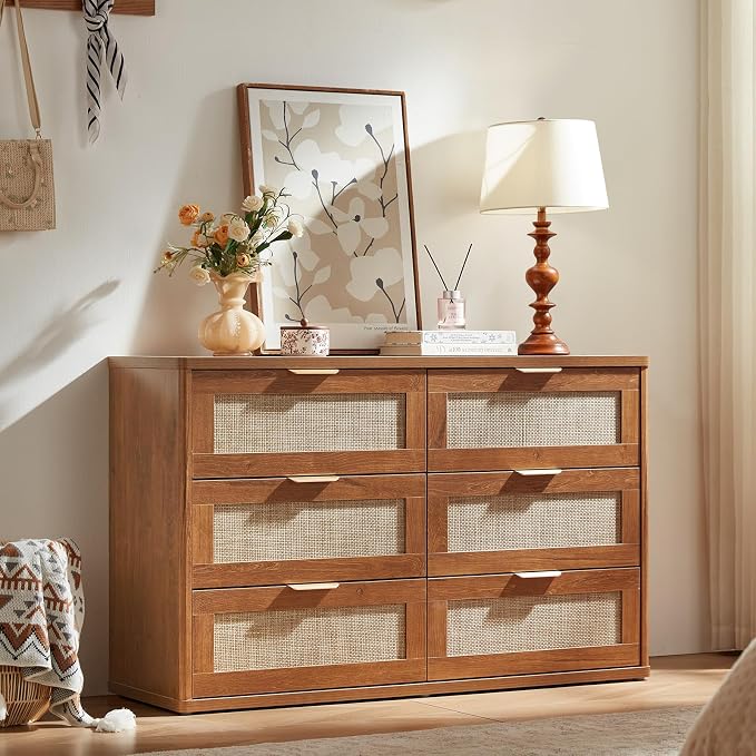 LEYAOYAO Rattan Dresser for Bedroom Set of 2, Boho 48" Wide 6 Drawer Dresser Chest of Drawers, Wood Dressers TV Stand with Metal Handle, Storage Dressers Closet Organizer for Living Room, Hallway - Image 9