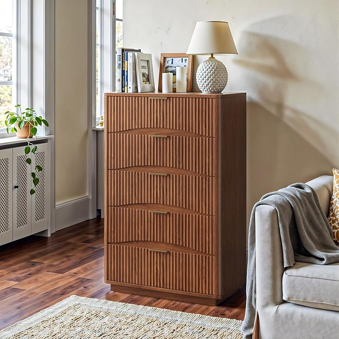 Evermagin Fluted 5 Drawers Dresser, 47" Tall Wooden Dressers Storage Organizer,Modern Chest of Drawers for Bedroom with Deep Storage, Living Room,Entryway, Walnut by Evermagin