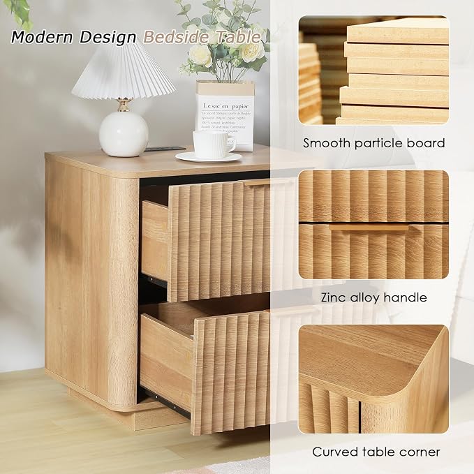Fluted Nightstand with Charging Station, 23" Night Stands with 2 Drawers, Wood End Table with Storage, Oak Bedside Cabinet for Bedroom - Image 3