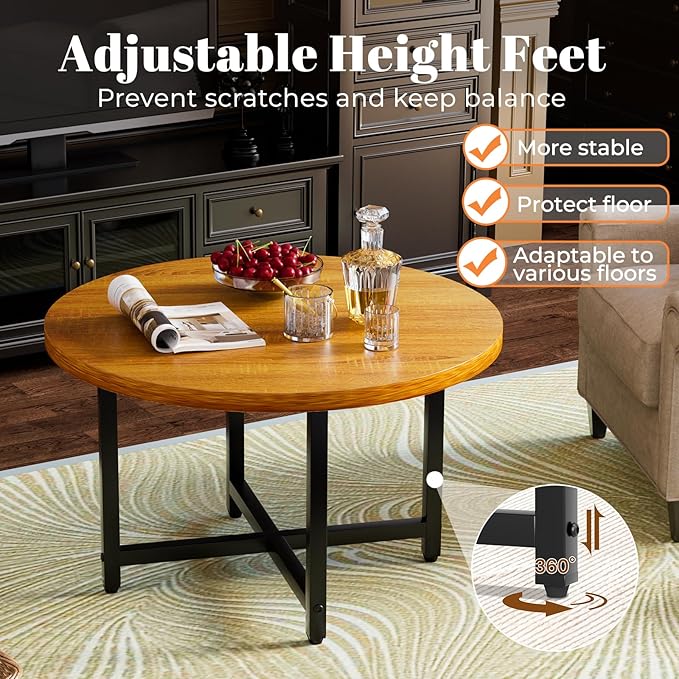 Round Coffee Table, Small Coffee Tables for Living Room, Wood Coffee Table with Metal Frame, Floor Table Desk for Sitting on The Floor, Home, Office, Farmhouse, Honey Brown (23.6"D x 17.7"H)