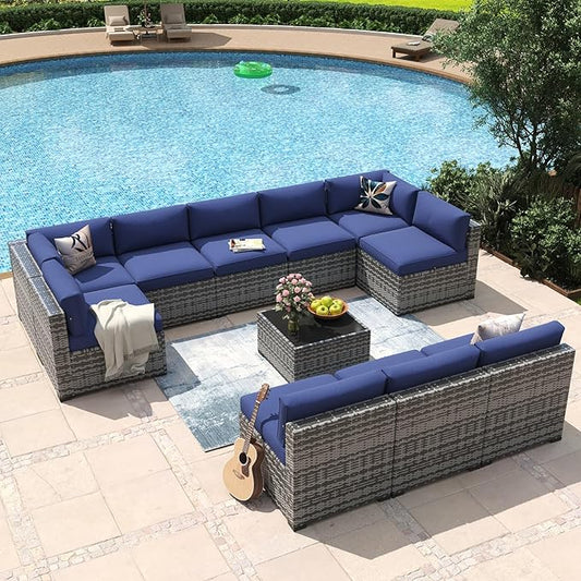 Aoxun 11 Piece Patio Furniture Set Wicker Rattan Patio Conversation Set Outdoor Sectional Sofa Set with Coffee Table and Thickened Cushions, Gray/Blue(Waterproof Cover Included)