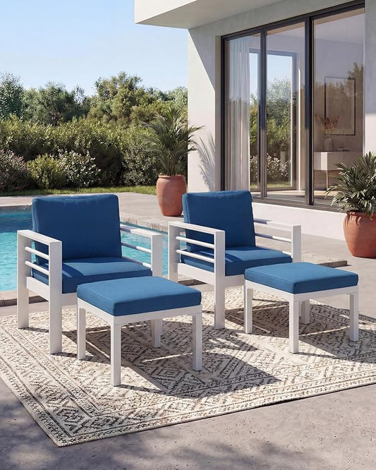 AECOJOY Aluminum Patio Furniture Armchair with Ottoman, Set of 2, Modern Outdoor Furniture with Washable 5 inch Thick Cushion, Blue Cushion
