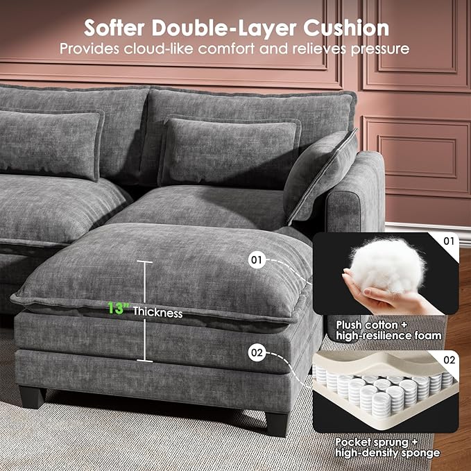 Marsail Modular Sectional Sofa 110.6" U-Shaped Modern Comfy Cloud Couch, 5-Seat Chenille Deep Seat Sofa with Throw Pillow & Movable Ottoman for Living Room, Bedroom and Apartment, Grey