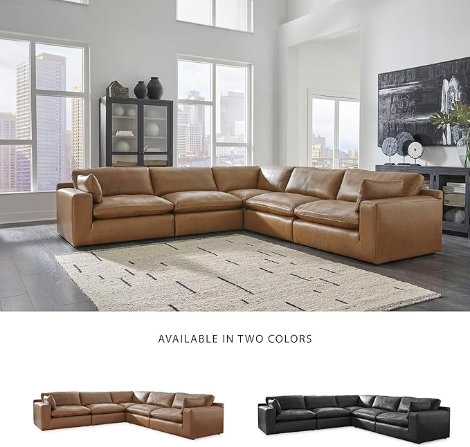 Signature Design by Ashley Emilia Modern Modular Leather Match 5-Piece Sectional with Loose Back Cushions and 2 Bolster Pillows, Light Brown