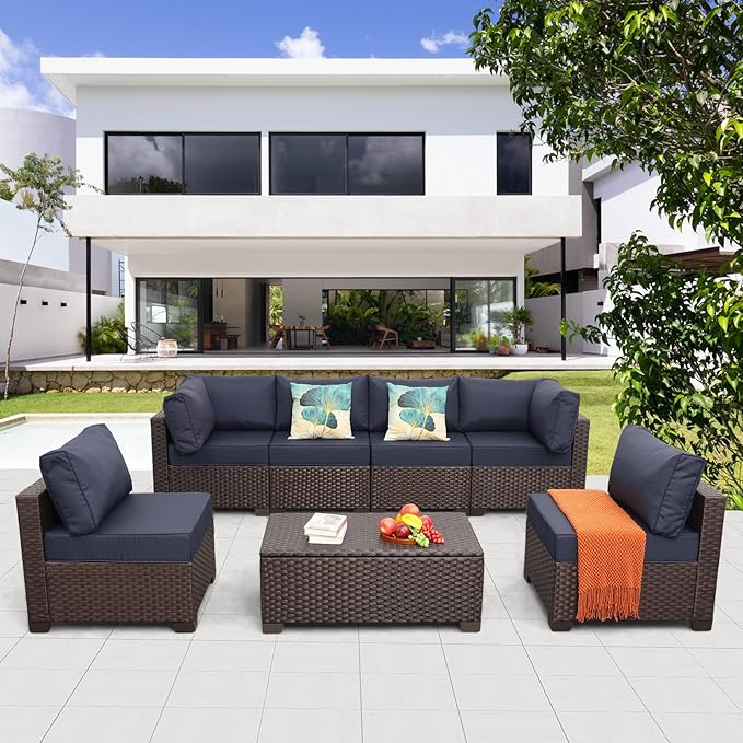 7 Pieces Outdoor Wicker Furniture Conversation Set Patio Sectional Sofa Couch Patio Storage Table Thicken(5") Non-Slip Cushions Furniture Cover, Navy Blue