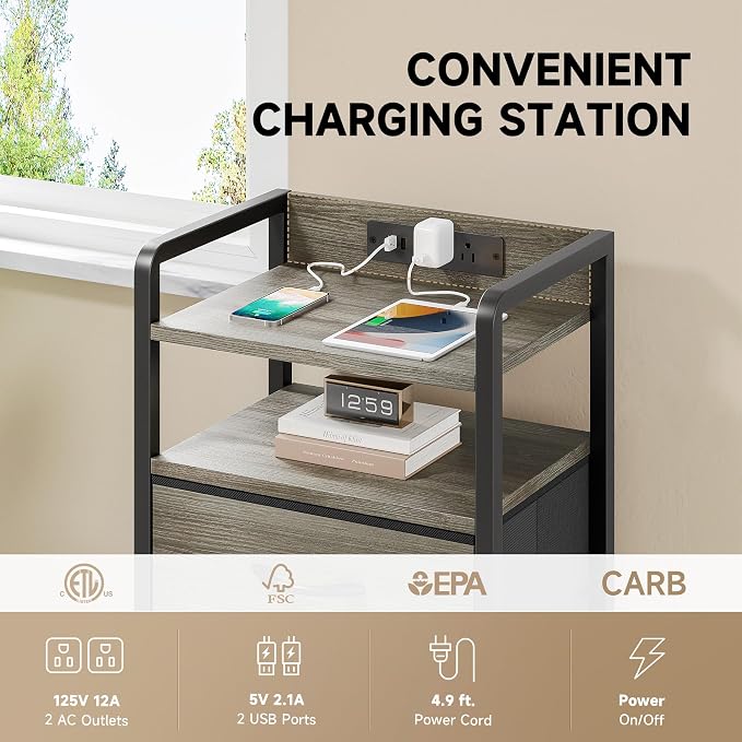 Lazzanto Grey NightStand with Charging Station - Morden Nightstand with USB Ports & AC Outlets, Grey End Table with Storage Shelf & 4 Fabric Drawers, LED Light Strip - Image 4