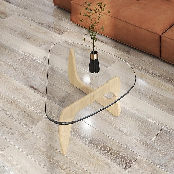 Glass Coffee Table, Mid Century Modern Light Wood Coffee Table with Tempered Glass Top and Wood Legs, Farmhouse Living Room Center Tables for Small Space, Easy Assembly