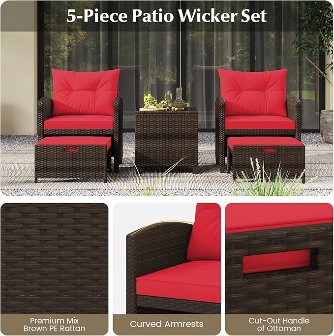 Tangkula 5 Pieces Patio Conversation Set, PE Wicker Rattan Outdoor Furniture Set with 2 Chairs, 2 Ottomans & Tempered Glass Coffee Table, Ideal for Poolside, Backyard, Lawn, Deck, Mix Brown & Red
