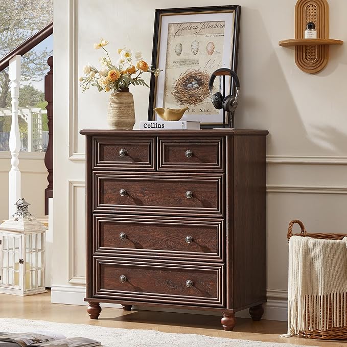 RWYHG Farmhouse 5 Drawer Dresser Set of 2 for Bedroom, 35.5" Walnut Tall Small Dressers & Chest of Drawers, Rustic Wood Dresser with Roman Column, Storage Organizer for Living Room, Hallway, Closet - Image 4