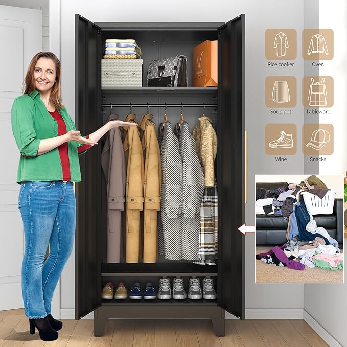 75.3" Tall Metal Armoire Wardrobe Closet with 2 Doors, Adjustable Hanging Rod & 2 Adjustable Shelves, Freestanding Storage Cabinet Organizer for Bedroom, Office, Laundry Room, Black
