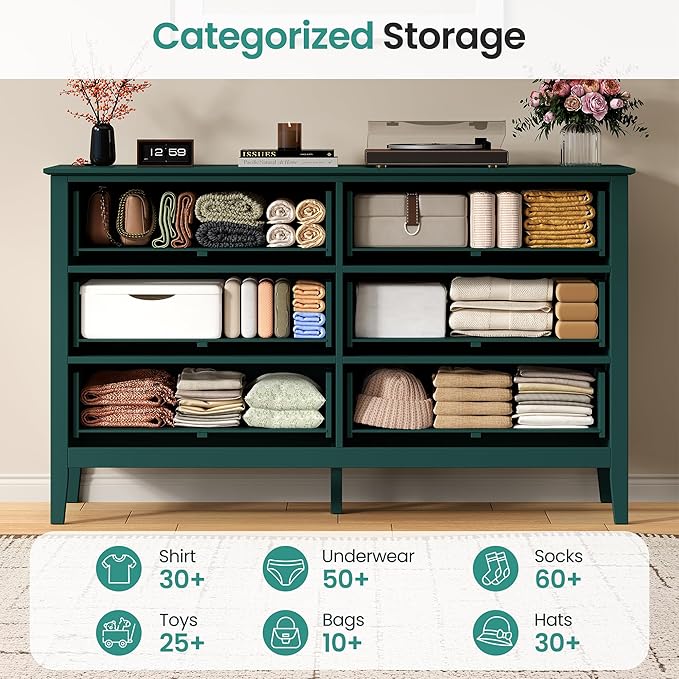 RoyalCraft 6 Drawer Dresser, Fluted Modern Wood Chest of Drawers, Long Dresser for Bedroom TV Stand Storage Cabinet for Living Room, Green - Image 7