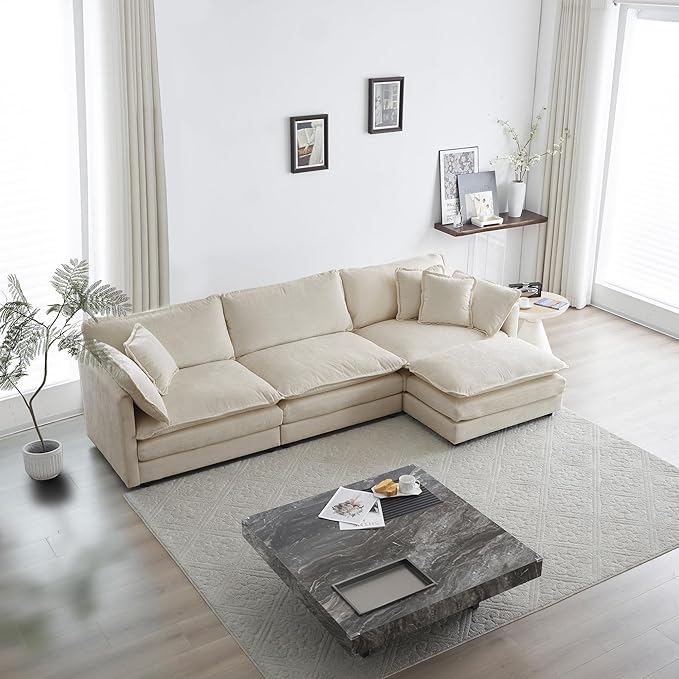 KEIKI Combination Sofa, Upholstered 3 Seater Couch, Oversized L Shaped Sectional Sofa with Reversible Ottoman for Living Room Bedroom Office, Beige
