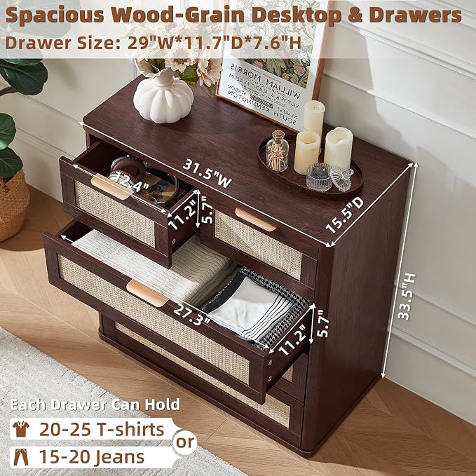 LEYAOYAO Dresser for Bedroom Set of 2, 33.5" Tall Chest of Drawers, Modern 5 Drawers Boho Rattan Dressers with Storage, Dresser Wooden Closet Organizer for Living Room, Hallway - Image 2