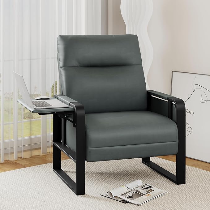 Alunaune Upholstered Living Room Chair Armchair, Mid Century Faux Leather Metal Accent Chair, Reception Couch Slipper Club Lounge Chair Guest Comfy Single Sofa with Sidetable for Bedroom-Dark Grey