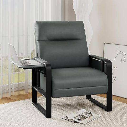 Alunaune Upholstered Living Room Chair Armchair, Mid Century Faux Leather Metal Accent Chair, Reception Couch Slipper Club Lounge Chair Guest Comfy Single Sofa with Sidetable for Bedroom-Dark Grey