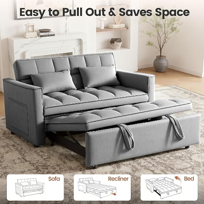 3 in 1 Sofa Bed, Love Seat Sleeper Bed with Side Pockets, Velvet Fabric Pull Out Couch with Adjustable Backrest for Living Room, Bedroom, Apartment, Deep Gray