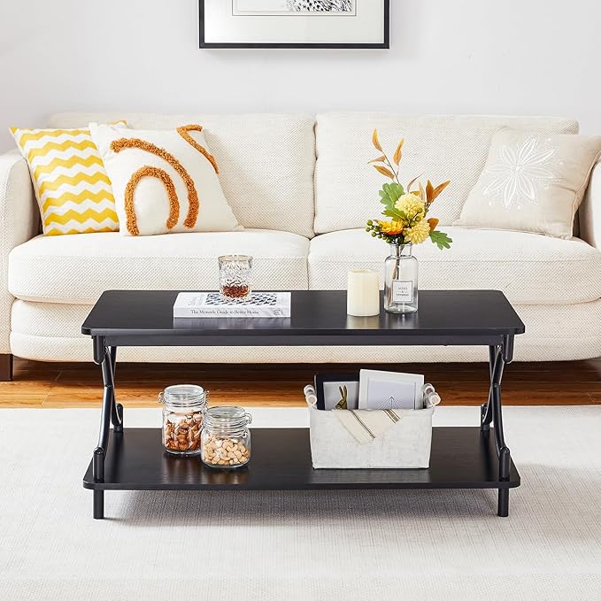 VECELO Coffee Table for Living Room with Round Corners Modern Farmhouse Center Table with Storage Shelf for Home Office 39 Inch, Easy Assembly, Classic Black