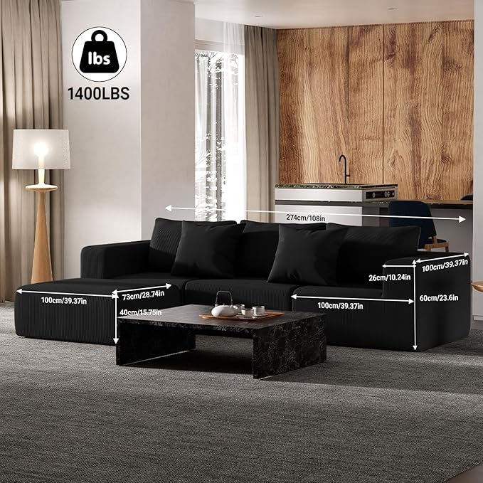 Modern Cloud Sectional Couches for Living Room, Convertible L-Shape Boneless Couches with Ottoman, 3 Seater Corduroy Modular Sectional Sofa with Pockets No Assembly (Black) | Sectional Couches, L-Shape Sofa, with Ottoman, No Assembly Required