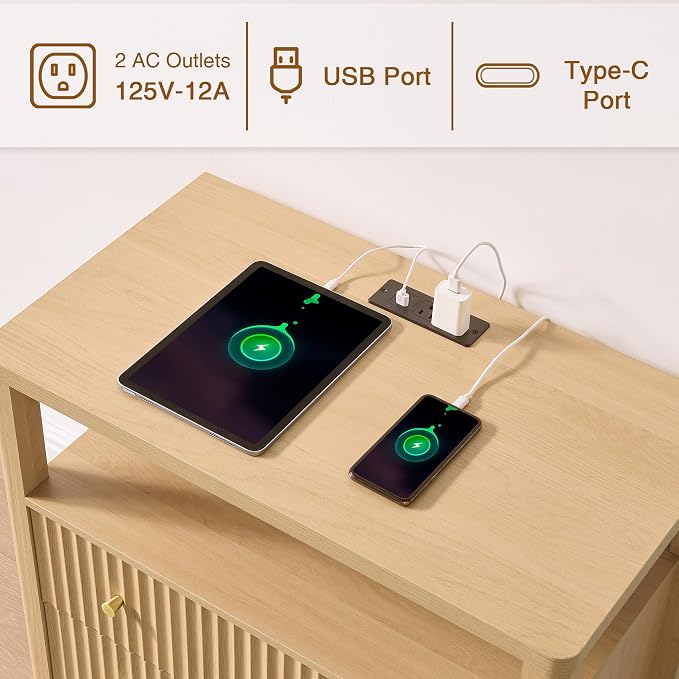 Fluted Nightstand with Charging Station Set of 2, 27.3" Wide Modern Bedside Table with 2 Drawers & Open Shelf, Large Wood End Table with Storage & Metal Handle for Bedroom, Natural Wood - Image 4