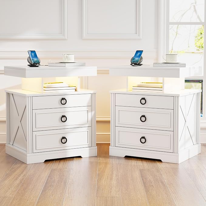 Gurexl Farmhouse Set of 2 Night Stand with Lockable Gun Drawer,LED Nightstand with Charging Station,Bedside Table with Human Sensor 3-Color Lights,End Table with 3 Drawers,Bedroom,White by Gurexl