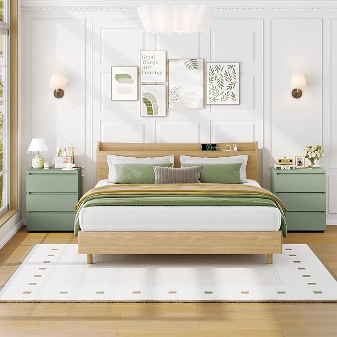 FOTOSOK Nightstand Set of 2 White Nightstand with 3 Drawers, White Bedside Table Night Stand for Bedroom with Cut-Out Handle, Sofa Side Table for Bedroom, Green - Image 2
