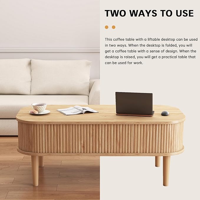 Coffee Table, Fluted Lift Top Coffee Tables for Living Room, Center Tables with Hidden Compartment, Modern Oval Coffee Table for Home Office, Natural