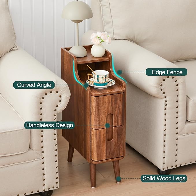 Narrow End Table Living Room, Wooden Small 2 Drawer Nightstand Bedroom, Thin Couch Side End Table, Vintage Skinny Bedside Table Small Spaces, Mid Century Modern Night Stand with Drawers (Walnut-1 pc) - Image 9