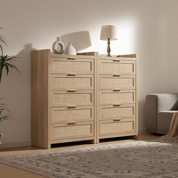 SICOTAS Dresser for Bedroom Chest of Drawers 46" Tall Dresser for Closet with 5 Rattan Drawers Boho Nightstands Set of 2 Large Clothes Storage Cabinet TV Stand for Living Room Hallway Nursery Entryway - Image 2